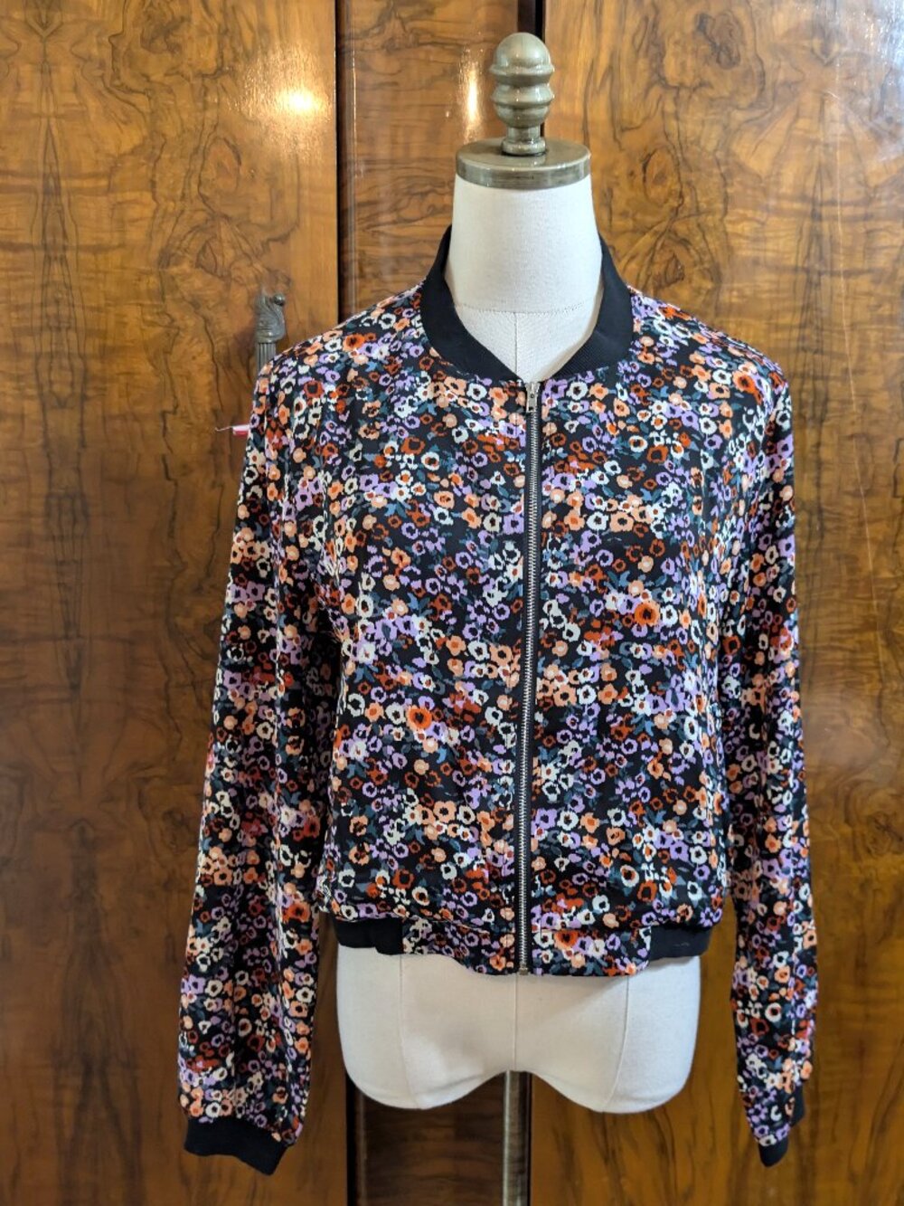 Lili Sidonio Molly Bracken Floral Bomber Jacket M Black Multicolor Zip Up Flower